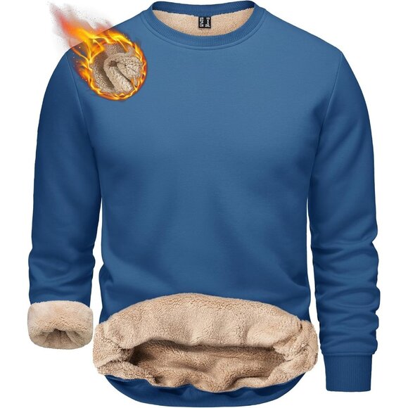 🆕Men  Blue Grey Crewneck Sweatshirt Fleece Lined Pullover Cotton Sherpa Winter - Picture 1 of 6